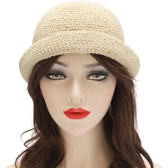 Women Winter Crochet Bucket Hat Solid Beige